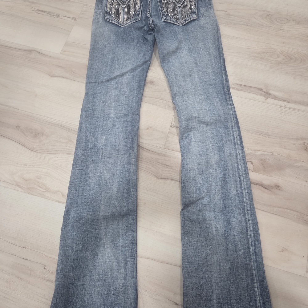 Miss Me Light Blue Boot Cut Jeans with Embellished Pockets 26 X 35 Stretchy